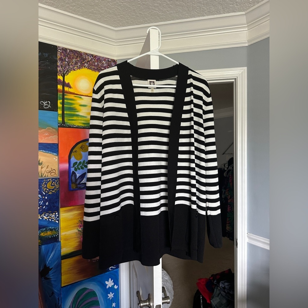 Anne Klein Black and White Striped Open Cardigan
